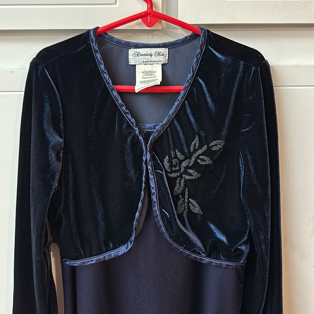 DISORDERLY KIDS by Jim Elliot BLUE VELVET & SATIN DRESS. Size 8. Midnight blue.